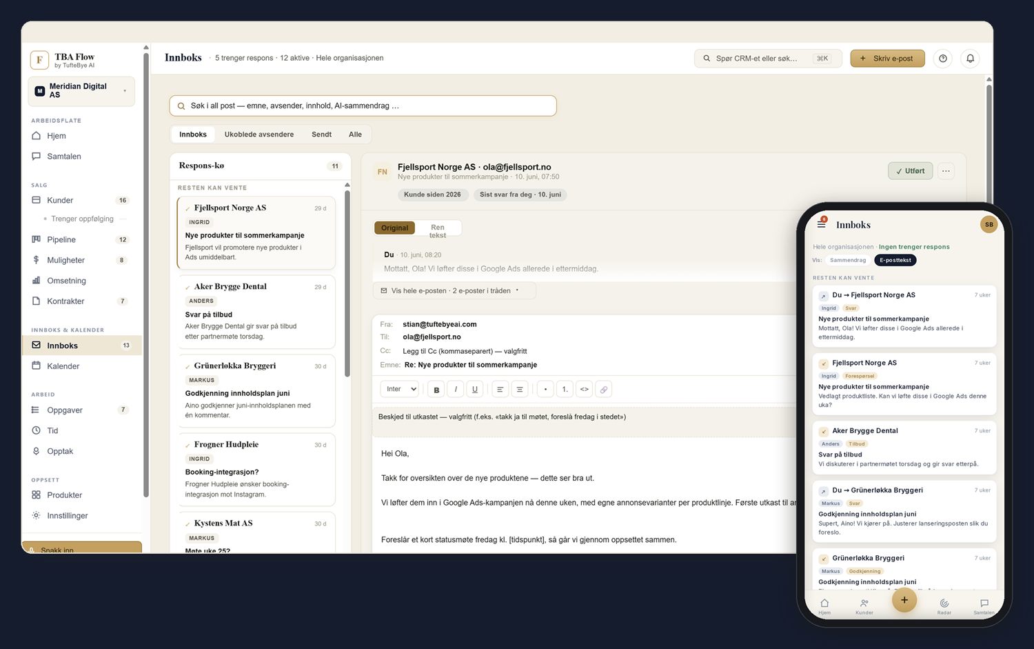 Et e-postsvar under arbeid i TBA Flow, med utkast skrevet i avsenderens egen skrivestil.